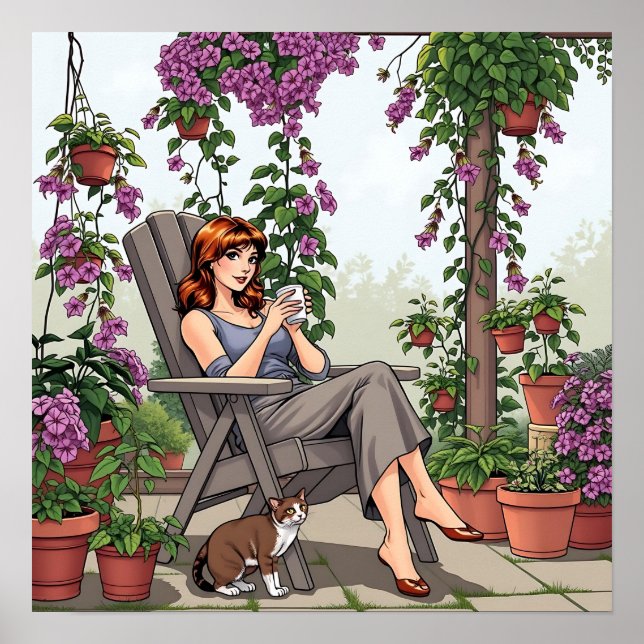 Poster Jolie femme buvant du café, son chien et Plantes (Devant)