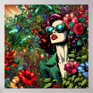 Poster Jolie femme dans un jardin de fleurs