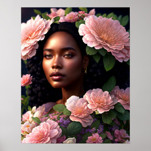 Poster Jolie femme noire Fleurs roses Art numérique