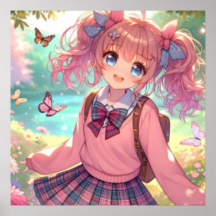Poster Jolie fille Anime en Pigtails Roses