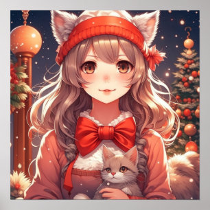 Poster Jolie fille Anime tenant Kitten Noël