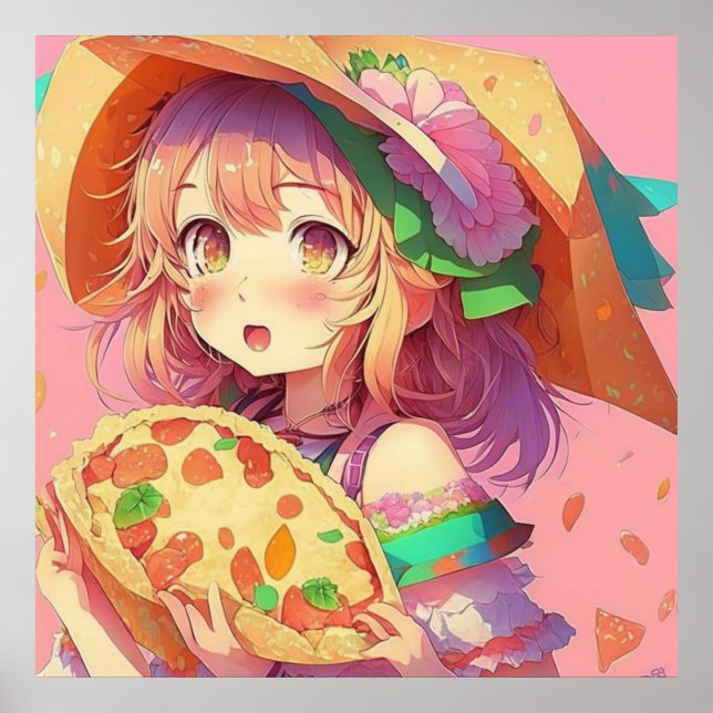 Poster Jolie fille Anime tenant une pizza (Devant)