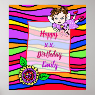 Poster Jolie Fille aux Cheveux Bruns Fée Joyeux Anniversa