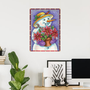 Poster Jolie fille de Noël Snowman avec Poinsettia