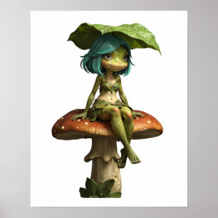 Poster Jolie Fille Grenouille Assise sur un Champignon Af