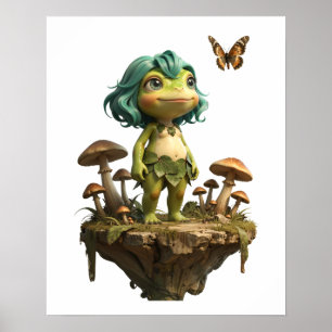 Poster Jolie Fille Grenouille Parmi les Champignons avec