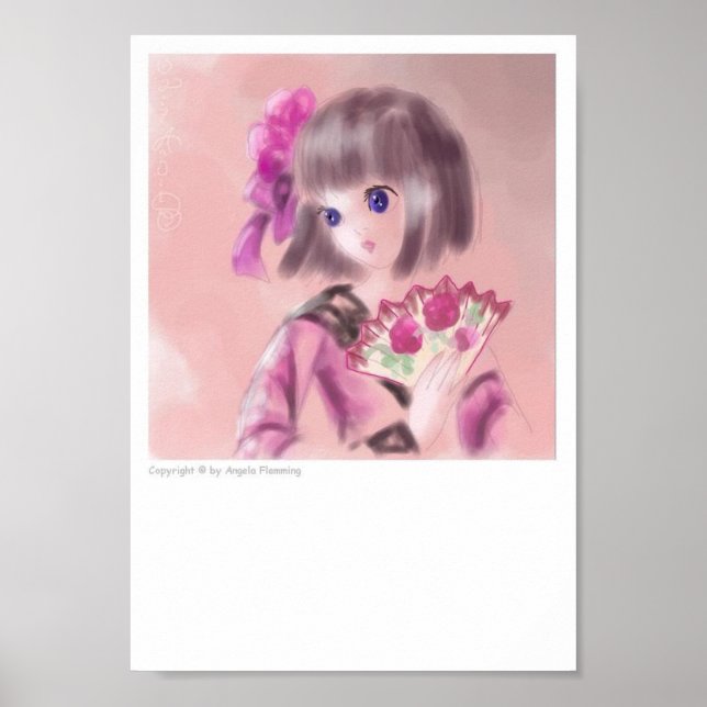 Poster Jolie fille japonaise avec un ventilateur (Devant)