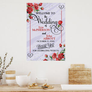 Poster Jolie floral roses rouges Mariage Bienvenue