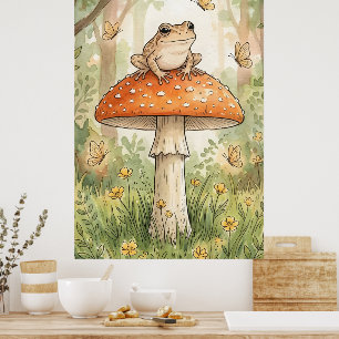 Poster Jolie grenouille sur champignon Cottagecore forest