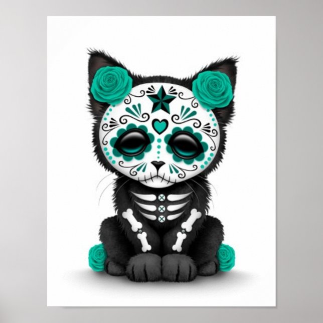 Poster Jolie Journée Bleue Turquoise du chat Kitten Mort, (Devant)