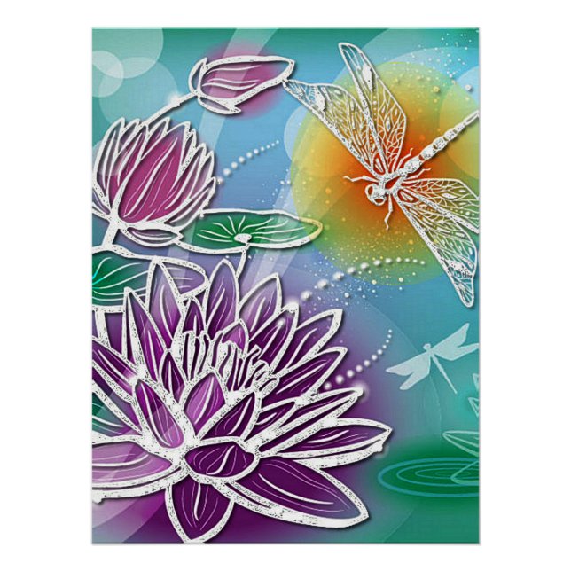 Poster Jolie libellule Été Art Floral Moderne (Devant)