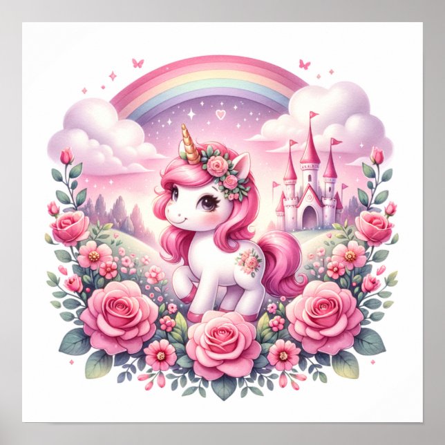 Poster Jolie licorne rose et château de conte de fées  (Devant)