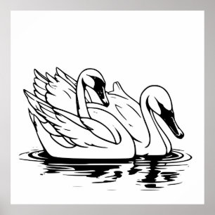 Poster Jolie paire D'Art De Ligne De Cygne Blanc