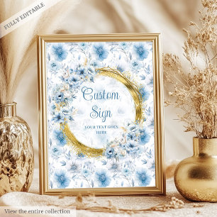 Poster Jolie pastel bleu aquarelle fleurs or personnalisé