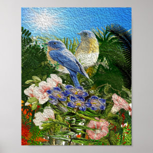 Poster Jolie peinture à l'huile 2 oiseaux entre les fleur