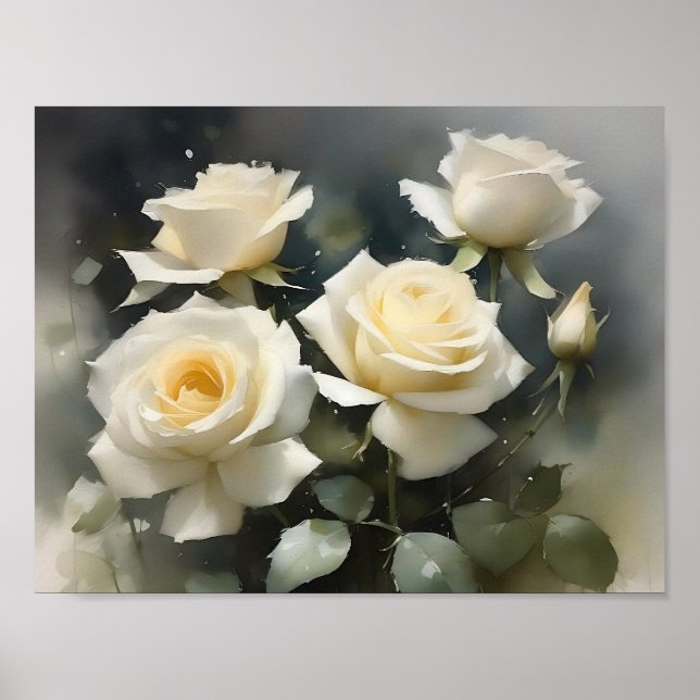 Poster Jolie peinture d'aquarelle de jardin de roses blan (Devant)