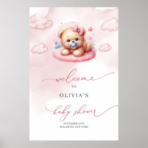 Poster Jolie petite fille ourson en peluche sur le nuage 