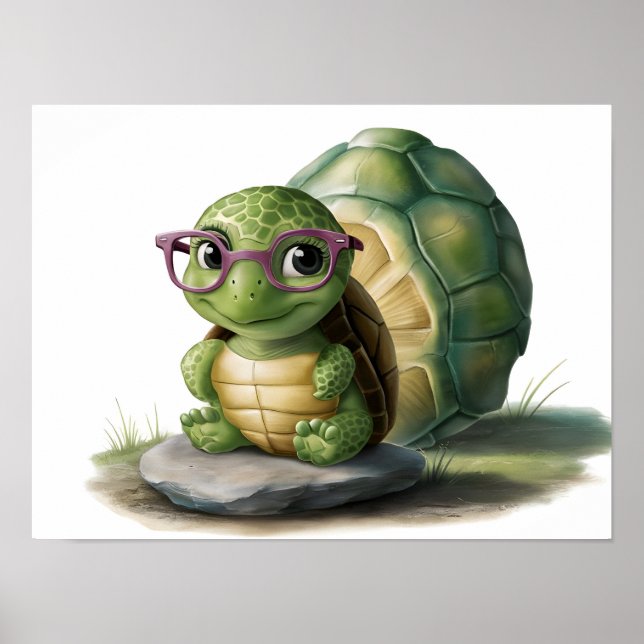 Poster Jolie petite tortue verte portant des lunettes (Devant)