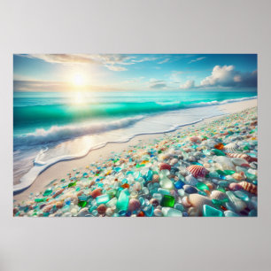 Poster Jolie plage Ocean avec verre de mer