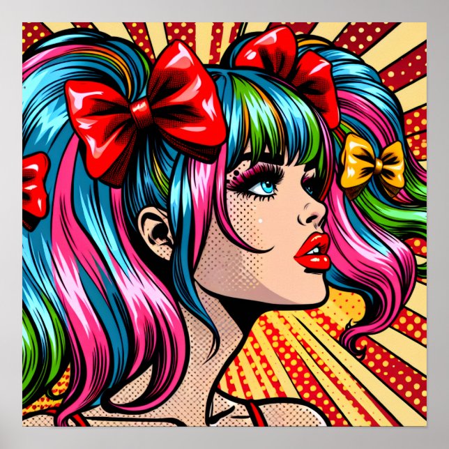 Poster Jolie Pop Art Comic Girl with Bows (Devant)
