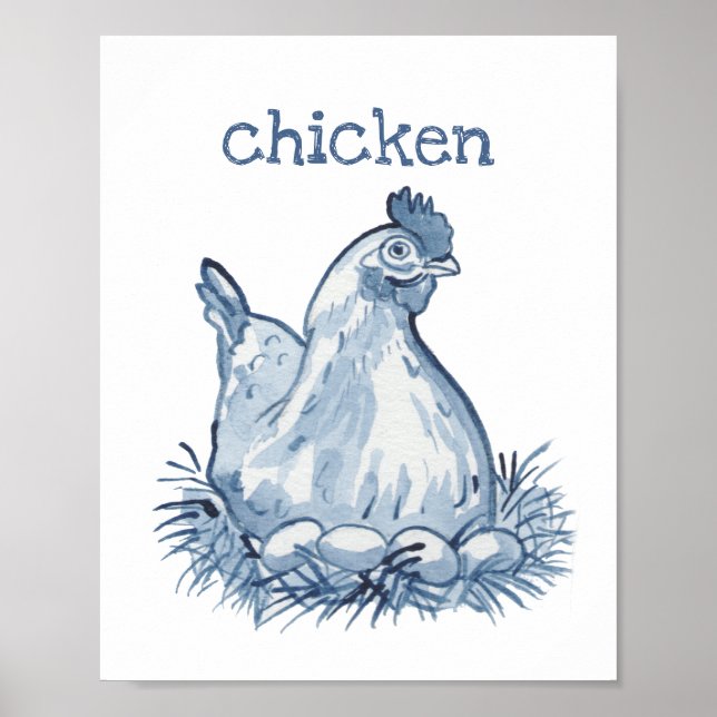Poster Jolie poule bleue aquarelle animal nature (Devant)