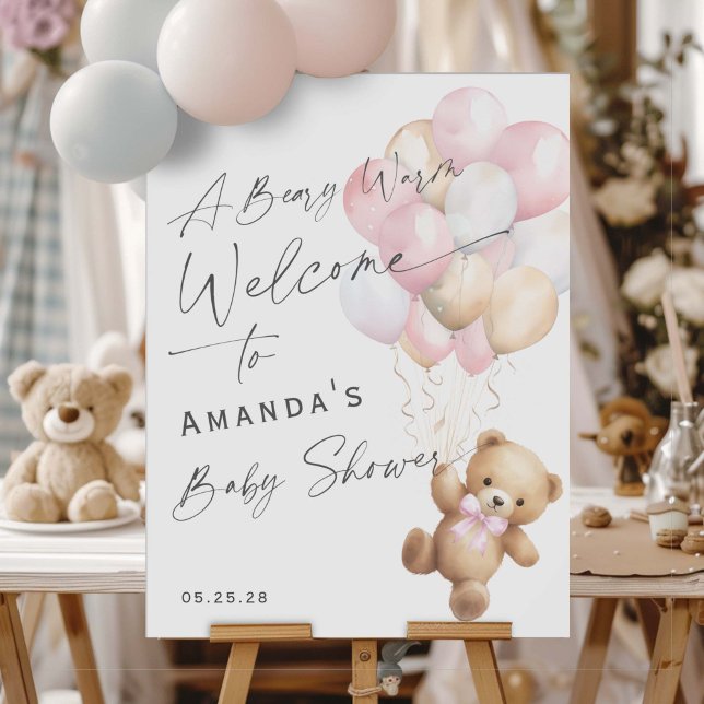 Poster Jolie rose Bearly Wait Baby Girl Douche Bienvenue (Pink baby Girl Shower We can bearly wait- welcome sign.)