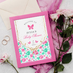 Poster Jolie rose rose florale ruban doré Baby shower