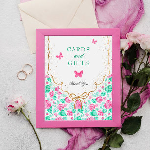 Poster Jolie rose rose florale ruban doré Baby shower