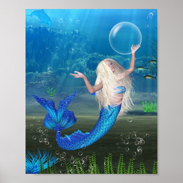 Poster Jolie sirène blonde avec bulle (Devant)