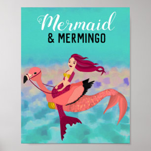 Poster Jolie sirène violette et Flamant rose Mermingo