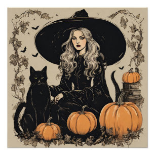 Poster Jolie sorcière d'Halloween Vintage avec chat noir