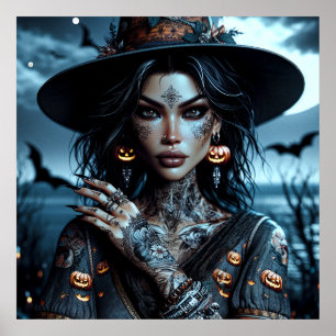 Poster Jolie sorcière gothique avec Halloween tatoués
