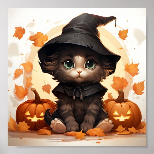 Poster Jolie Sorcière Halloween Kitten, Feuille Et Citrou (Devant)