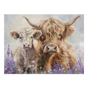 Poster Jolie vache et veau haut-terrain coloré dans une p