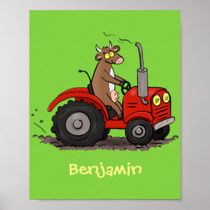 Poster Jolie vache heureuse conduisant un dessin animé de