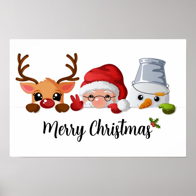 Poster Jolie visite de Noël Père Noël, Reindeer & Snowman (Devant)
