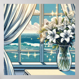 Poster Jolie vue sur l'océan et vase de fleurs
