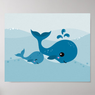 Poster Jolies baleines kawaii nageant dans des vagues ble