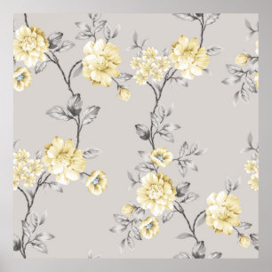Poster jolies fleurs jaunes avec motif feuille gris sur g