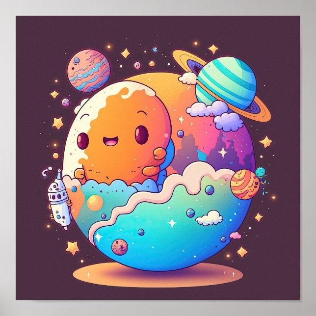 Poster Jolies planètes de dessin animé dans l'espace. (Devant)