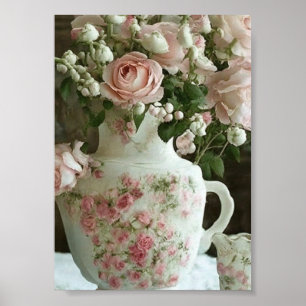 Poster Jolies roses roses en Chine antique Vintage Teapot