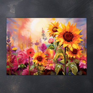 Poster Jolies tournesols en champ de fleurs colorées