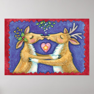Poster Jolis rennes de Noël, baiser romantique avec du gu