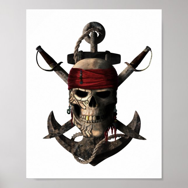 Poster Jolly roger Pirate crâne et épées Ancre de navigat (Devant)