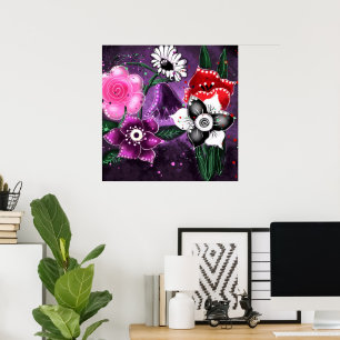Poster Jonquille Whimsical Floral Purple Noir Rose Daisy