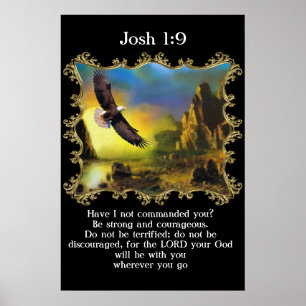 Poster Josh 1:9 Avec un aigle survolant le paysage.