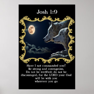 Poster Josh 1:9 Loups regardant la pleine lune.