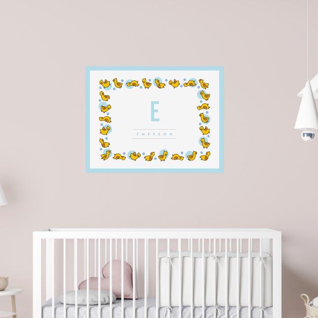 Poster Jouer Bébé Canards Monogramme Bleu Nourriture Mur  (Pépinière 2)