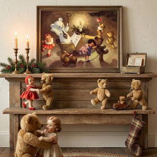 Poster Jouets de Noël vintage, poupées dansantes, ours en