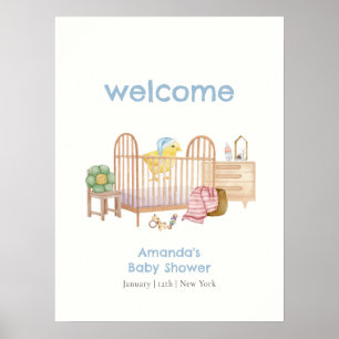 Poster Jouets de nurserie bleus pour bébé Shower de bienv